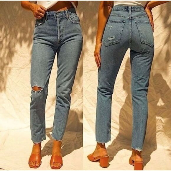 Agolde Distressed Straight Cropped Feel Good Jeans Blue Denim Light Wash Size 24 - Picture 1 of 14
